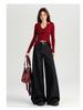 Damen 2024 Herbst Dunkelblaue High-Waist Wide-Leg Jeans - Bodenlang, Lockere Passform.