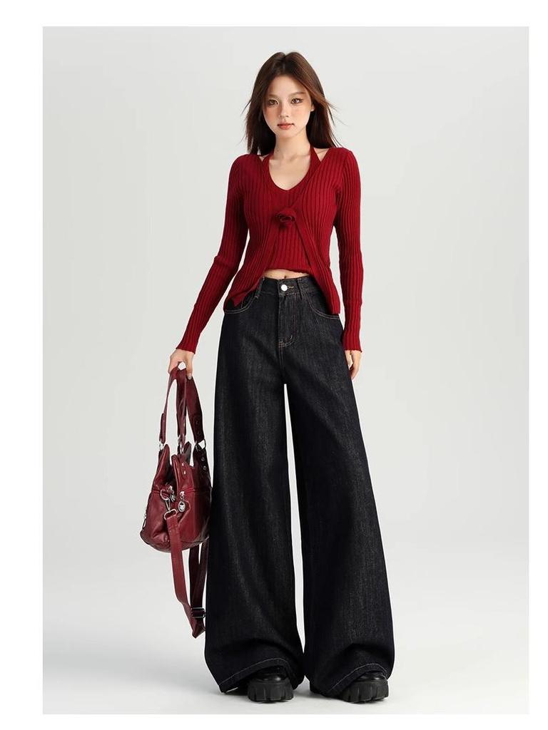 Damen 2024 Herbst Dunkelblaue High-Waist Wide-Leg Jeans - Bodenlang, Lockere Passform.