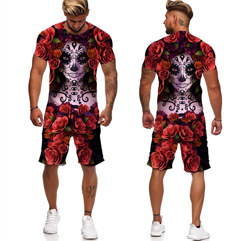Skull Floral 3D Print Suit for Men Tshirts/Shorts 2pcs Vintage Outfits Sets Gothic Trendy Streetwear Tracksuit Clothing for Male