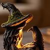 Durable Weather Resistant Ornament Luminous Witch & Raven Figurine with Mossy Tree Texture, Resin Gothic Ancient Crow Statue LED Light for Halloween