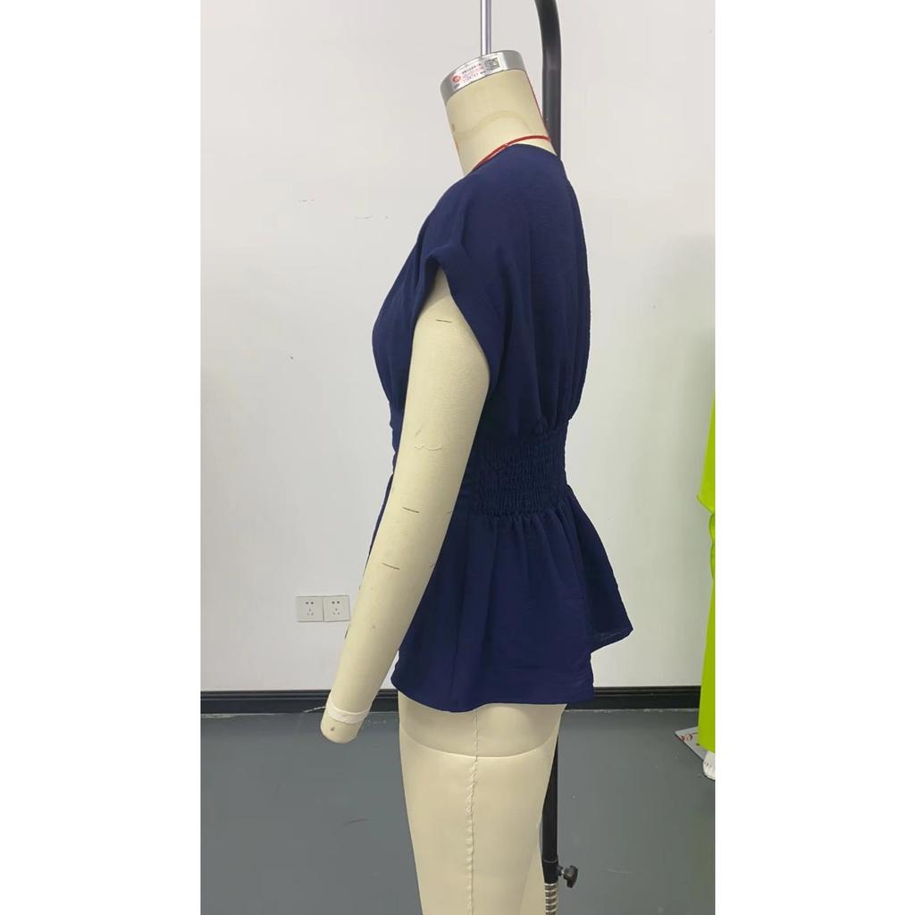 Summer Women's Solid Color V-neck Waist Gathered Pleated T-shirt Short Sleeve Casual Top