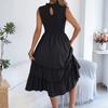 Women's Fashionable Color Round Neck Casual Sleeveless Dress With A Gathered Waist And Black Fungus Edge