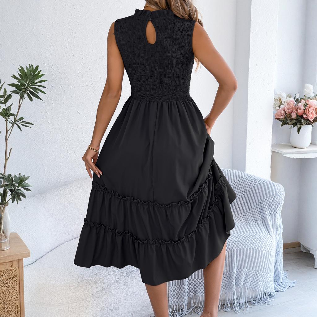 Women's Fashionable Color Round Neck Casual Sleeveless Dress With A Gathered Waist And Black Fungus Edge