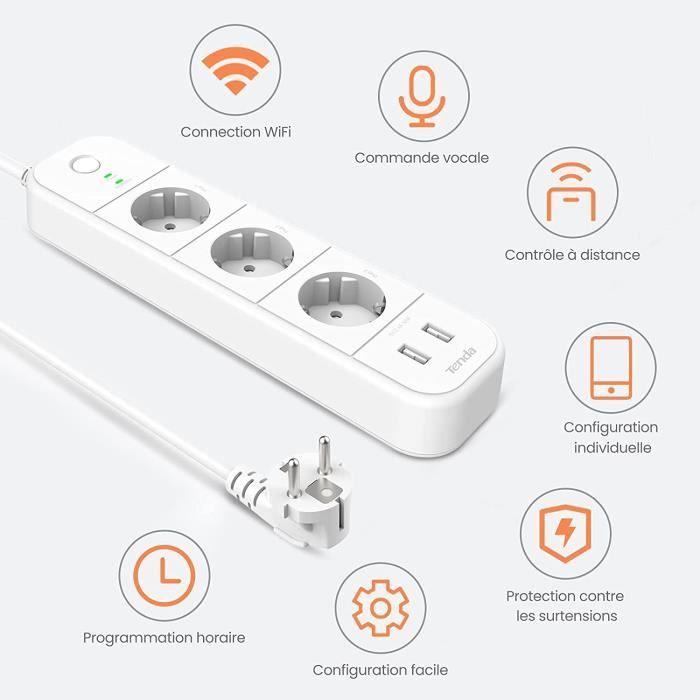 Multiprise Connectée - TENDA - SP15 - 3 Prises - 2 Ports USB - Protection Surtensions