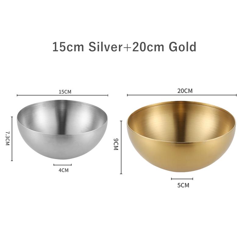 2Pcs Stainless Steel Noodles Salad Bowl Silver Gold Kitchen Fruit Ramen Bowls Egg Mixing Food Container Korean Tableware 15/20cm