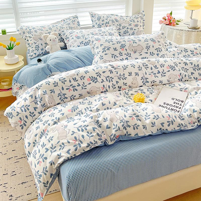 Class A Maternal And Infant Grade Small Fresh Pure Cotton Abraded 4Pcs Set, Skin-Friendly Bed Sheet Washed Cotton Quilt Cover, Dormitory 3Pcs Set