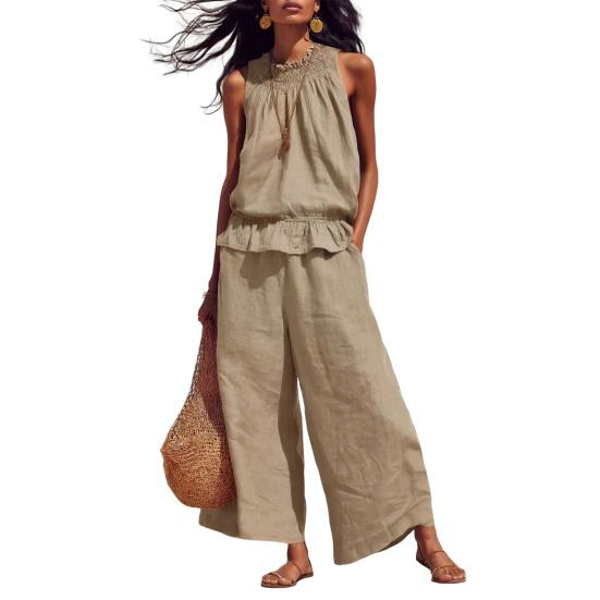 2Pcs/Set Summer Women’s Outfit Western-style Vintage Bohemian Ruffled Cotton-linen Suit Fashion Loose Outfit XL хаки