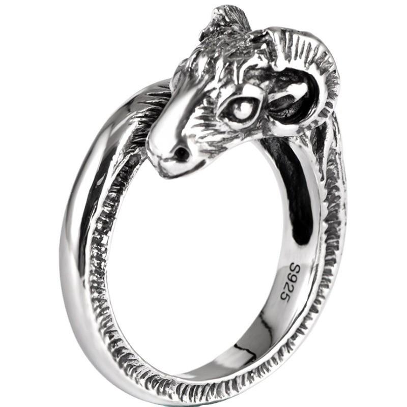 Adjustable Open Ring Men Women Vintage Goat Head Design Sterling Geometric Statement Jewelry