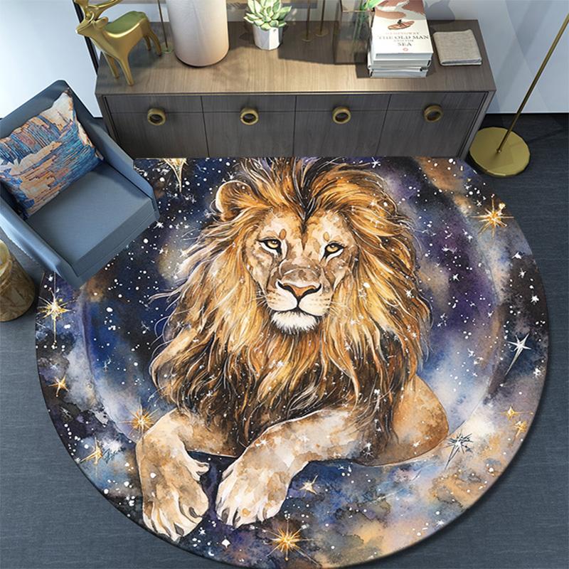 Lion Waves Stars Round Area Rug,Carpet Rug for Living Room Bedroom Sofa Playroom Decor,Non-slip Floor Mat