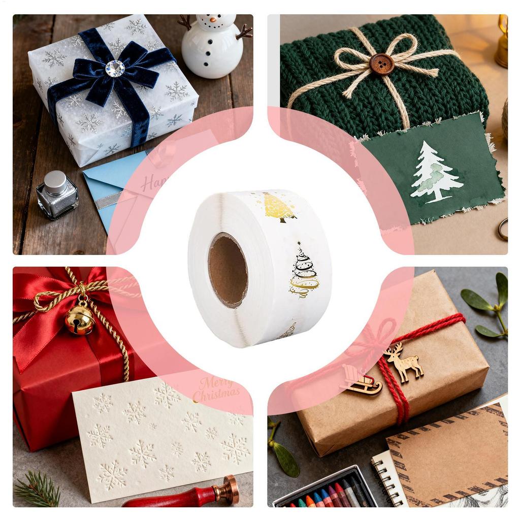 Christmas Stickers for Cards 500 Pieces Clear Tree Sheet 2.5cm/1-Inch Adhesive Transparent Gold Foil Holiday Stickers Roll