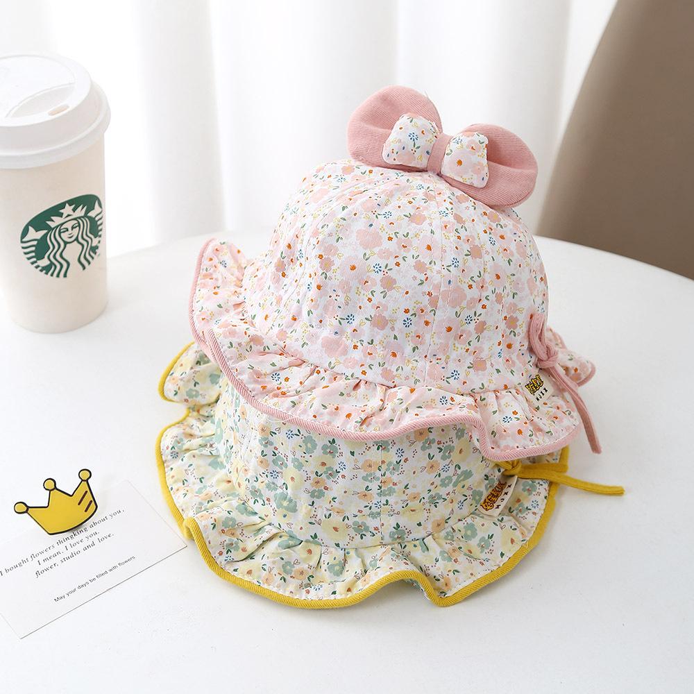 Baby Girl Spring Autumn Thin Floral Bow Drawstring Bucket Hat Cute Sun Protection Cap for Toddlers