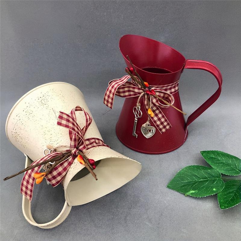 

AEE2-Flower Vase Bucket Bow Heart Pendant Can Farmhouse Rustic Jug For Centerpiecess Country Iron Pitcher Planter Jug бежевий