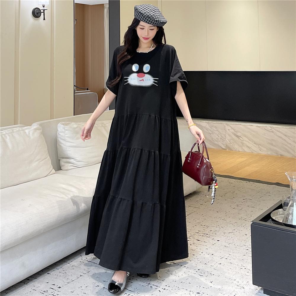 DIMANAF 2025 Sommer Übergröße Kleid Damen Lässig Vintage Druckkleid Basic Locker Lang Kurzarmkleid Baumwolle