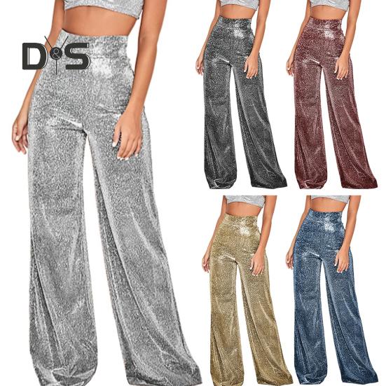 Spodnie damskie z szerokimi nogawkami i nadrukiem na gorąco, błyszczące, długie, klubowe, występy, zapięcie na suwak, spodnie z brokatem