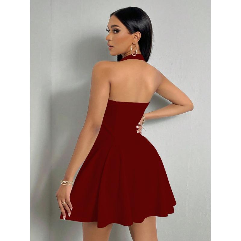 DAFIFY Women's Fashion Summer Spring Solid Color Print Sleeveless Hanging Neck High Waist Casual Dresses