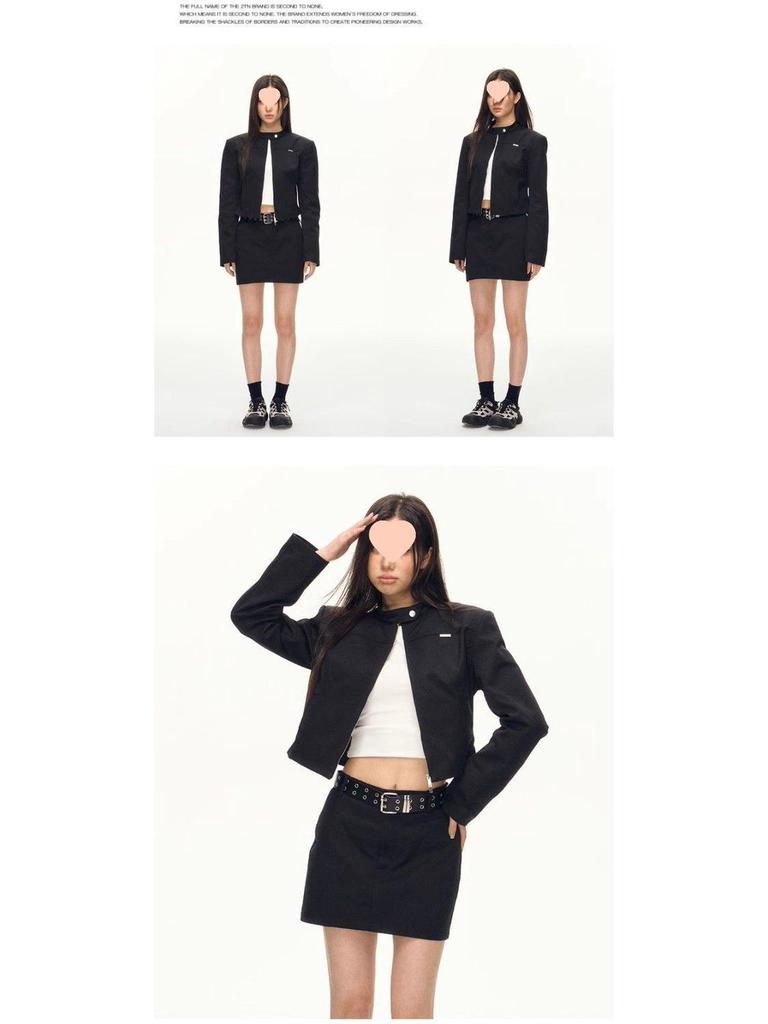 Amerikanische Retro Cool Hot Girl Schwarze Stehkragen Schlankmachende Frühlingsjacke für Damen