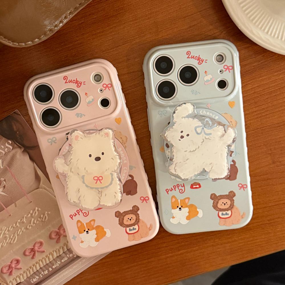 Korean Style Cartoon Puppy Suitable for Apple 17promax Mobile Phone Case Iphone16 Magnetic Bracket 15 Anti-fall 13 Soft Shell