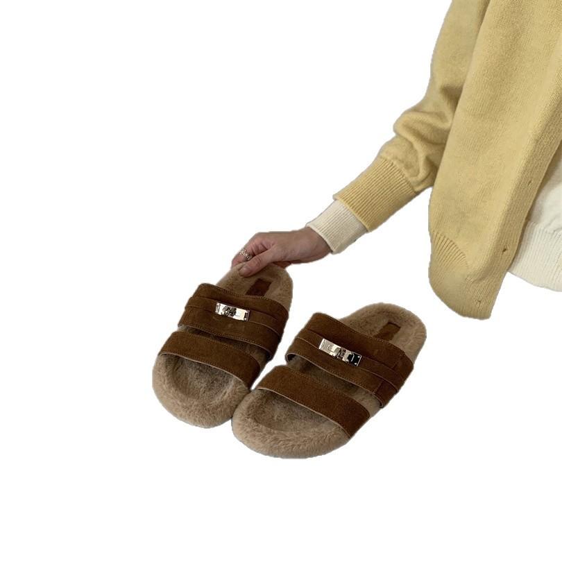 2025 new autumn and winter plush shoes casual outer wear thick-soled color matching one-word women's slippers