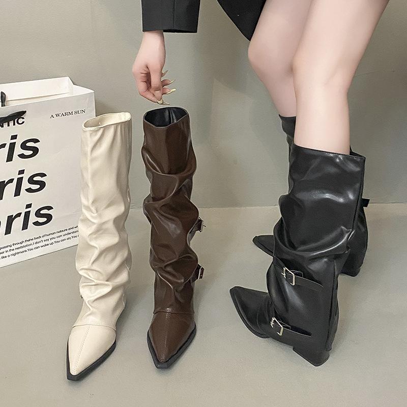 2025 Autumn and Winter New Pointed Thick Heel Niche Thin Boots But Knee Fashion Boots Soft Belt Buckle Trouser Tube Boots