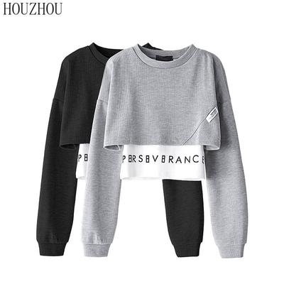 HOUZHOU Two-piece Hoodie Women Print Letter Korean Casual Basic Round Neck Long Sleeved Crop Top Streetwear Trend