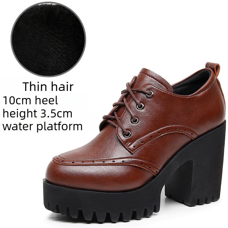 Brogue Damenschnürschuhe im britischen Stil aus Leder mit klobigen Absätzen, High Heels, wasserdichter Plateau-Sohle, runder Spitze, tiefem Ausschnitt