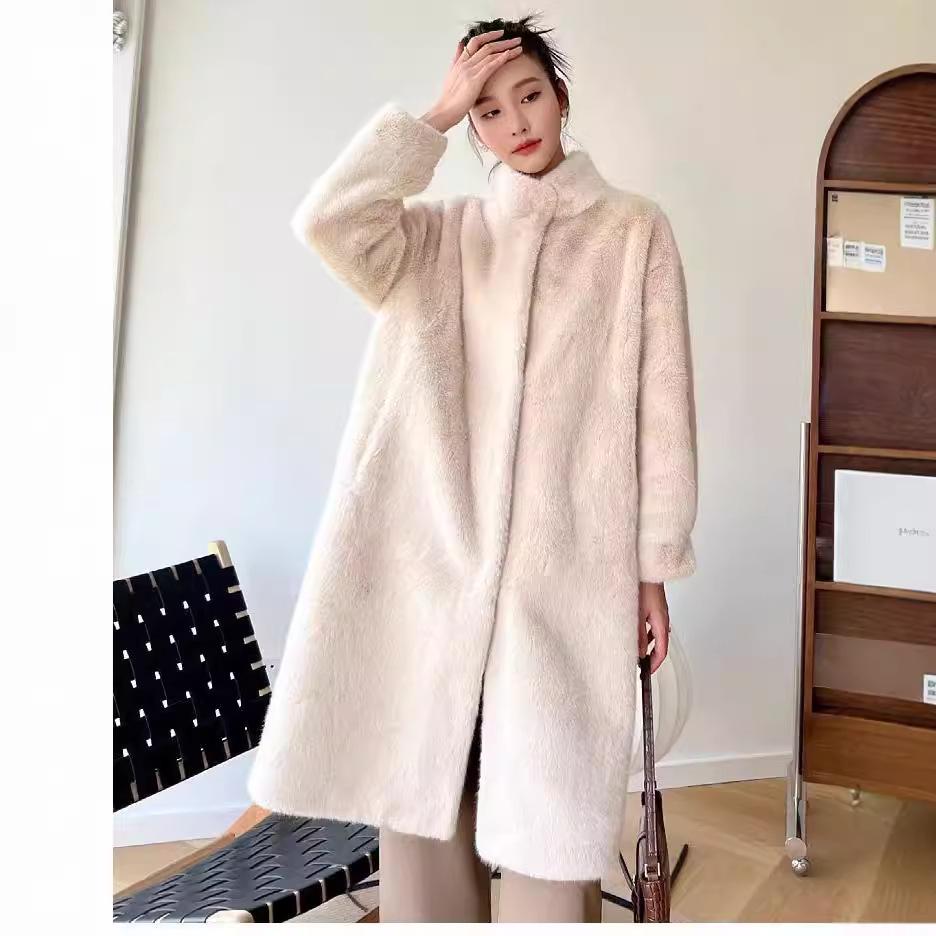 2024 Eco-Friendly Mink Fur Long Coat with Stand-Up Collar - Plus Size & Fashionable