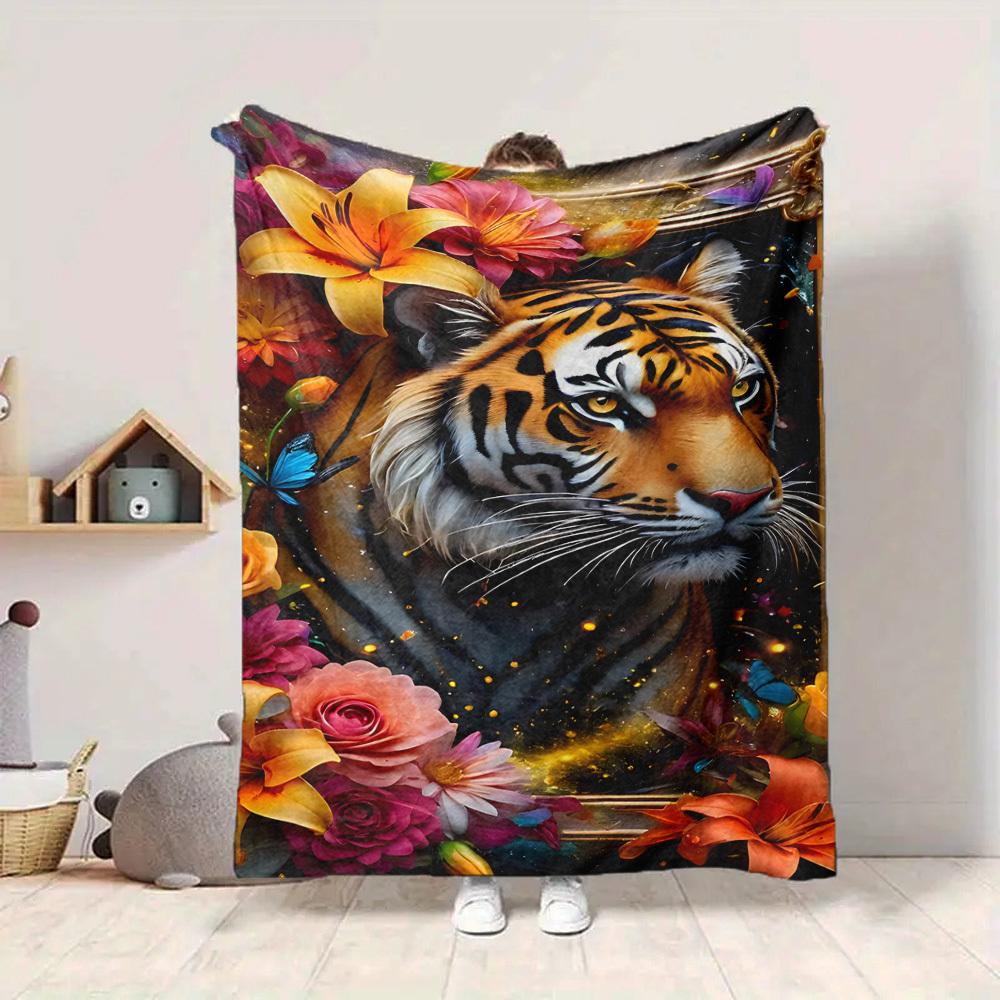 1pc Tiger Portrait Blanket Lightweight Flannel Blanket Throw Blanket For Sofa, Bed, Travel, Camping, Livingroom, Couch, Chair, And Bed yy2509026219