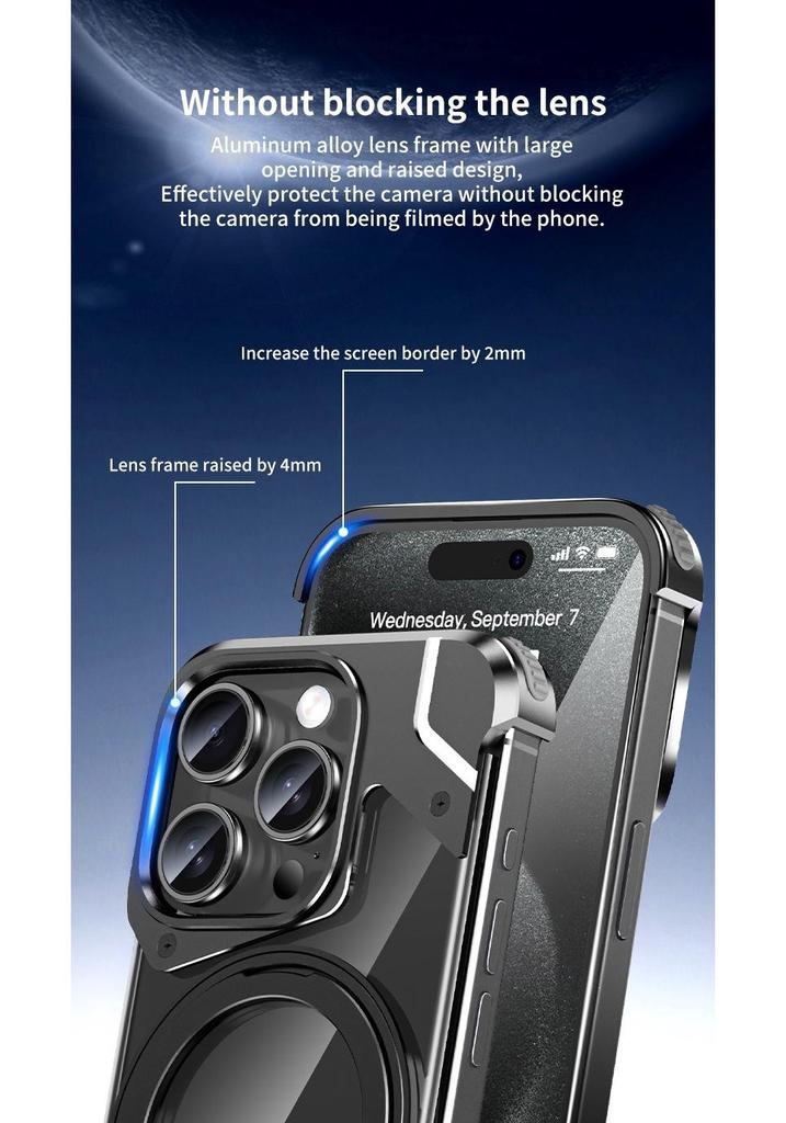 Magnetic Rotating Stand Case for iPhone 15 Pro Max and iPhone 14: Transparent Battle Armor Design