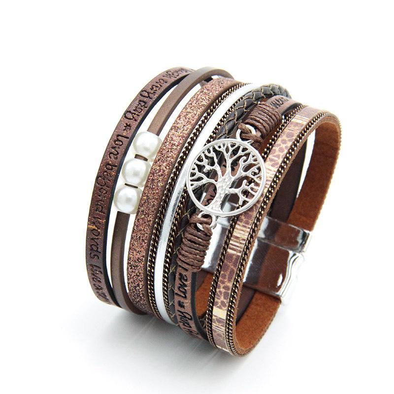 Women's Classic Woven Leather Bracelet with Tree of Life Pendant and Pearls