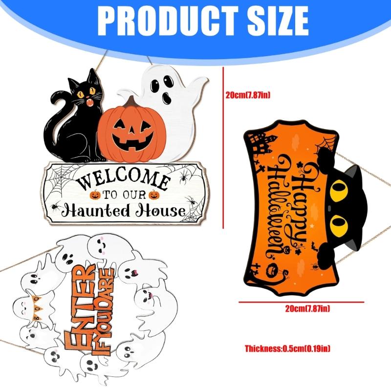 Handcrafted Wooden Halloween Door Hanger With Spooky Skeleton And Pumpkin Artwork Holiday Wooden Signboard