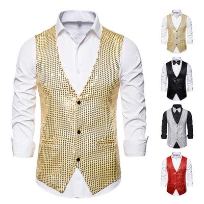 Colete masculino com gravata borboleta, conjunto brilhante de lantejoulas, decote em V, sem mangas, cor sólida, bolsos, retrô, discoteca, noivo, festa de casamento, colete