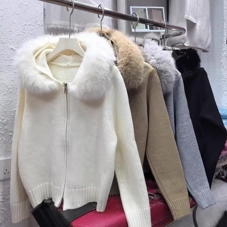 Autumn Winter Casual Hooded Fur Collar Short Knitted Jacket Women's Coat