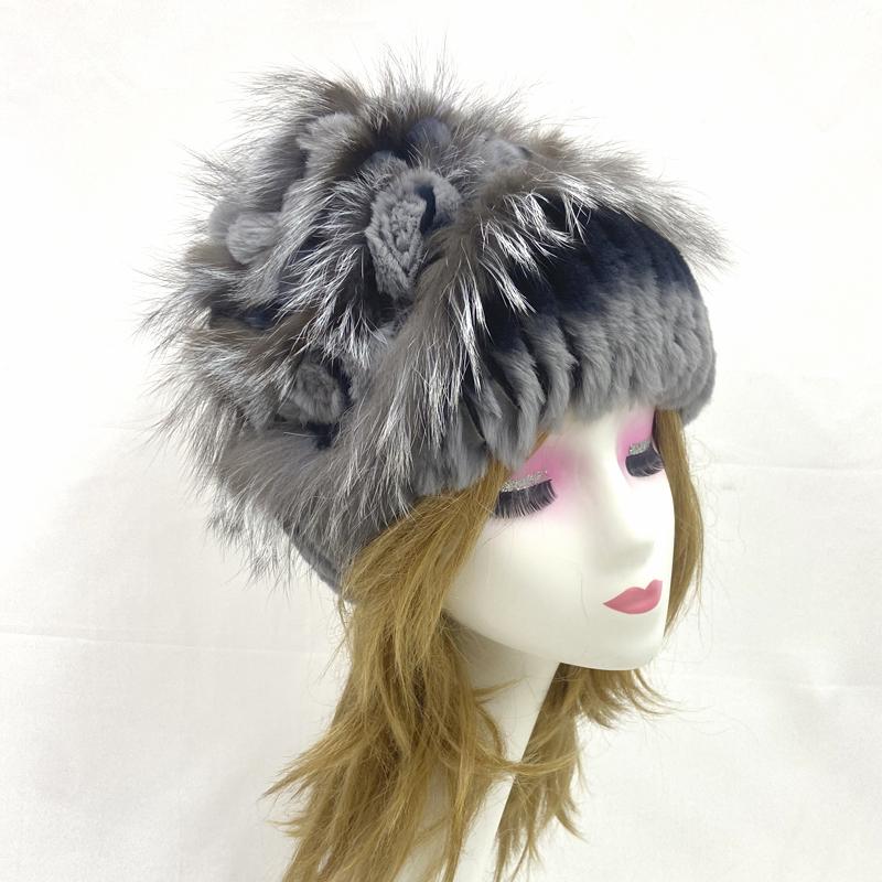 Winter Fur Hats for Women Floral Soft Rabbit Knitted Hats