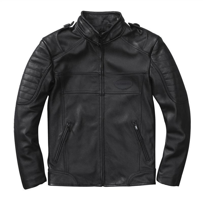 

Короткая приталенная мотоциклетная кожаная куртка из натуральной кожи с мягким подкладом из коровьей кожи S чёрный