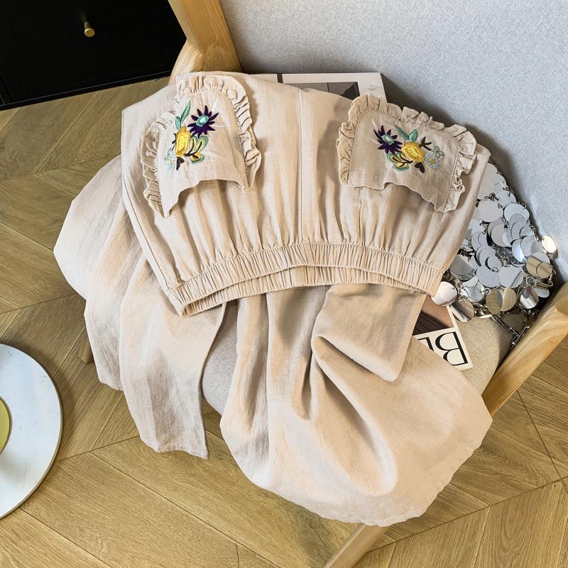 Japanese Mori Girl Embroidered Cotton Linen Wide-Leg Crop Pants - Summer Casual Wear for Women