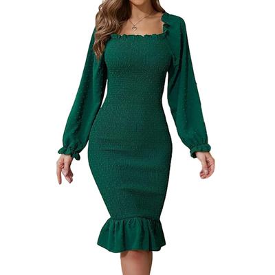 Women's Solid-Color Long-Sleeve Square-Neck Bodycon Dress