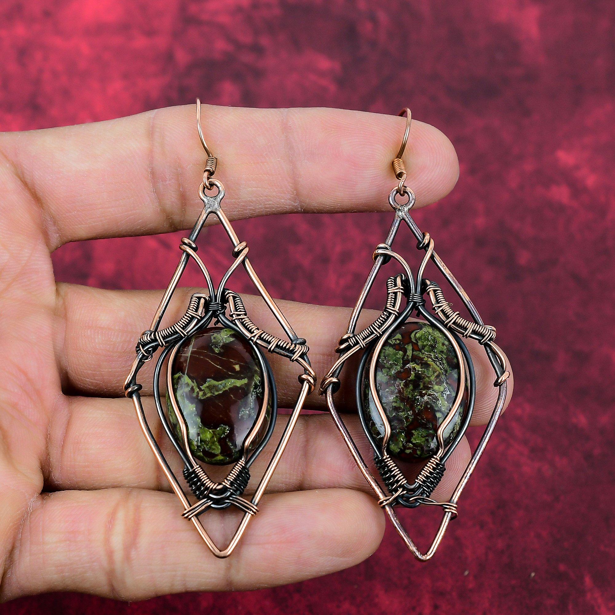 

Dragon Bloodstone Earring Copper Wire Wrapped Earring Gemstone Earring Dragon Bloodstone Jewelry For Gifts Handmade Earrings Copper Jewelry