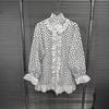 Spring 2026 Women's Black & White Polka Dot Lace Button-Down Shirt - Slim Fit, Versatile, Sweet Patchwork Design