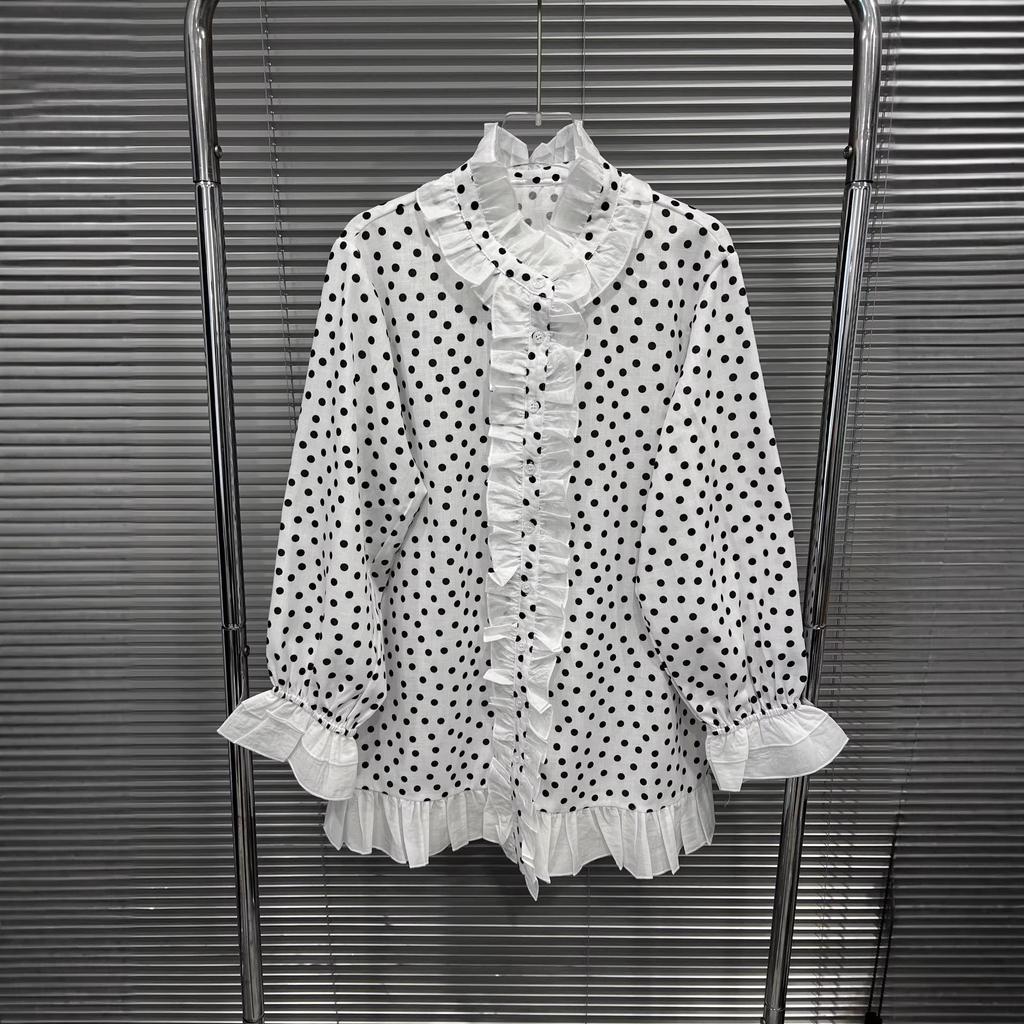 Spring 2026 Women's Black & White Polka Dot Lace Button-Down Shirt - Slim Fit, Versatile, Sweet Patchwork Design