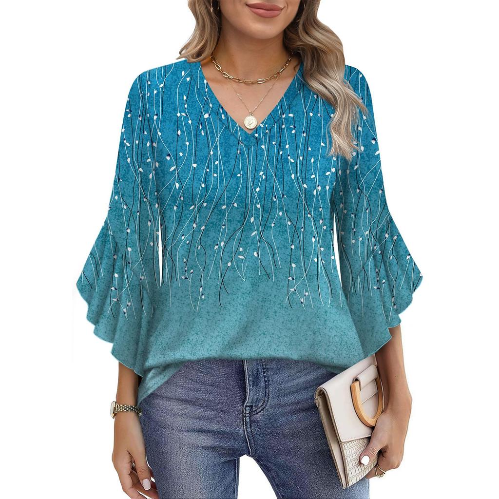 Summer Tops For Women Cute V Neck 3/4 Sleeve Blouses Floral Print Top Casual Shirts