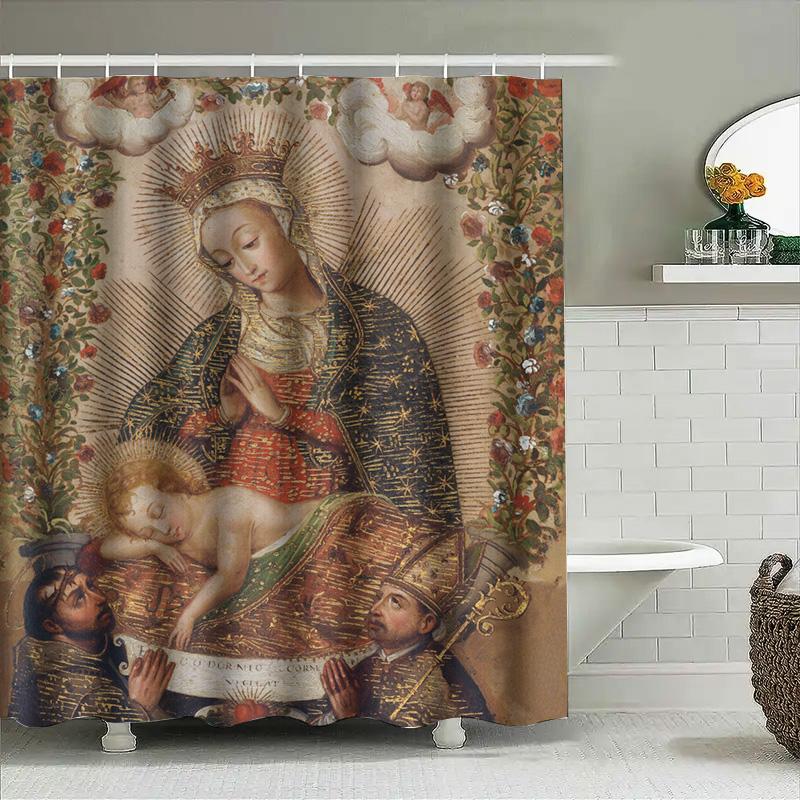 Vintage Religious Madonna Shower Curtain Set Christian Holy Mother Bath Decor With Cross Pattern For Home Decoration