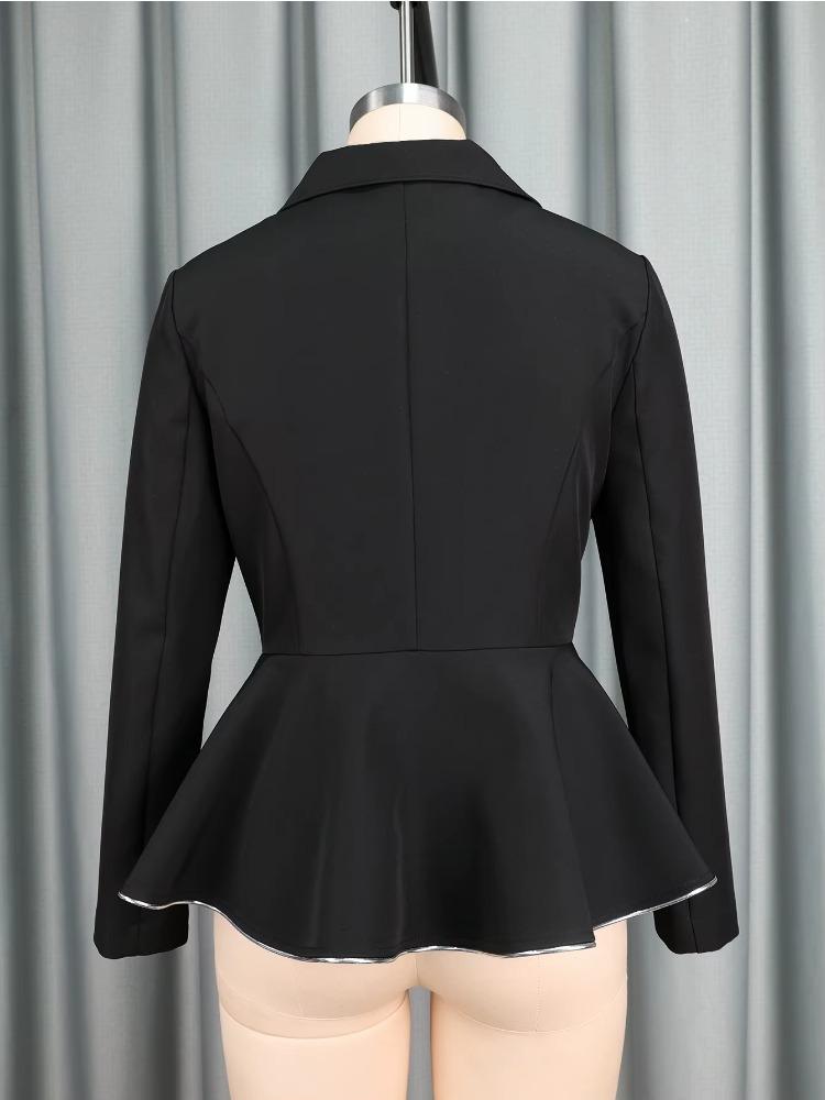 Dámské stylové černé peplum sako s dlouhým rukávem a stříbrným lemováním, formální oblečení pro business pro úřad, podzimní a zimní pracovní outfity