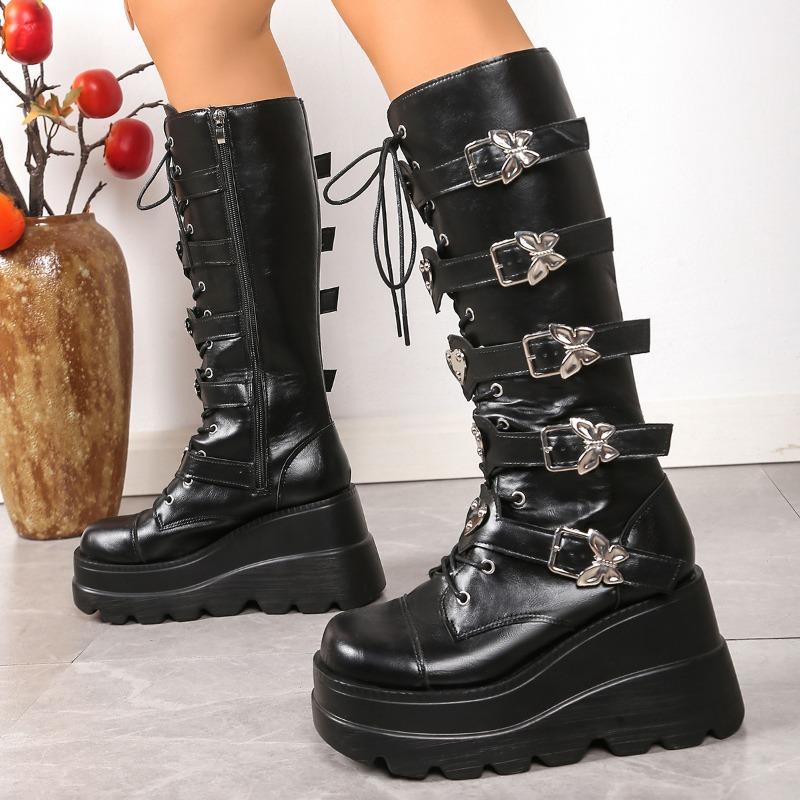 Large Size 36-43 Women's Soft Bottom Motorcycle Boots Lady Slope Heel Butterfly Love Belt Buckle Punk Fad Long Boots Botas Mujer