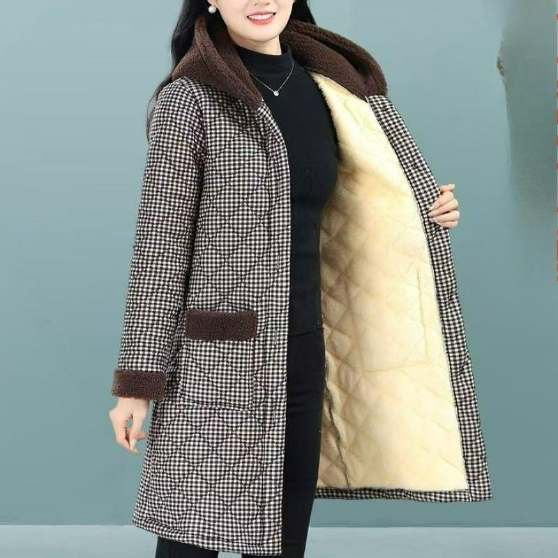 

Мать Зима Плюс Бархат Теплая Куртка с Капюшоном Стеганая Куртка Куртка средней длины Толстая Клетчатая Стеганая Куртка XXXL чёрный