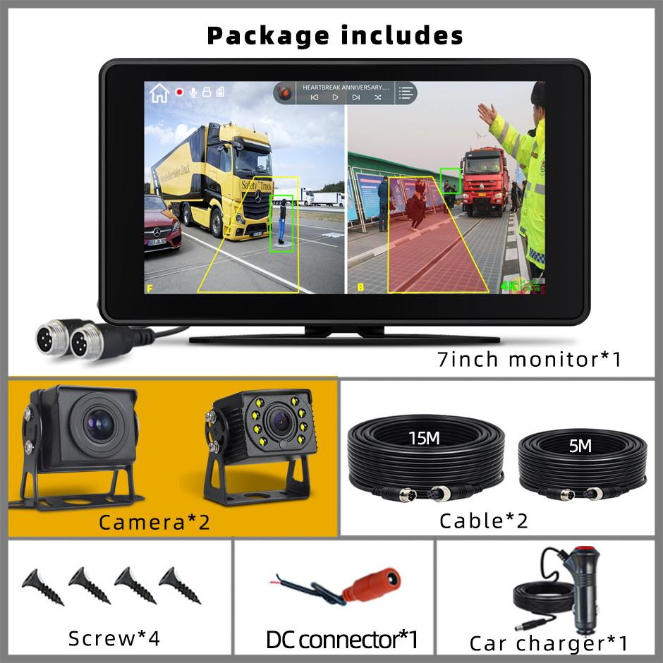 BSD 7" Monitor 2 Channel DVR Record Backup Camera Kit Pedestrian Detection Blind Spot Alarm Dash Cam Reversing for Truck Bus RV