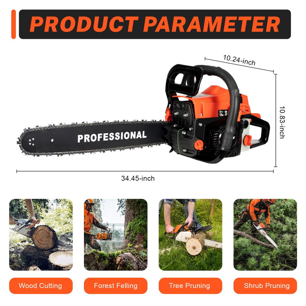 20in Gasoline Chainsaw Single Cylinder Air-cooled 2 Stroke Manual Starting 2.6kw Cordless for Wood Cutting