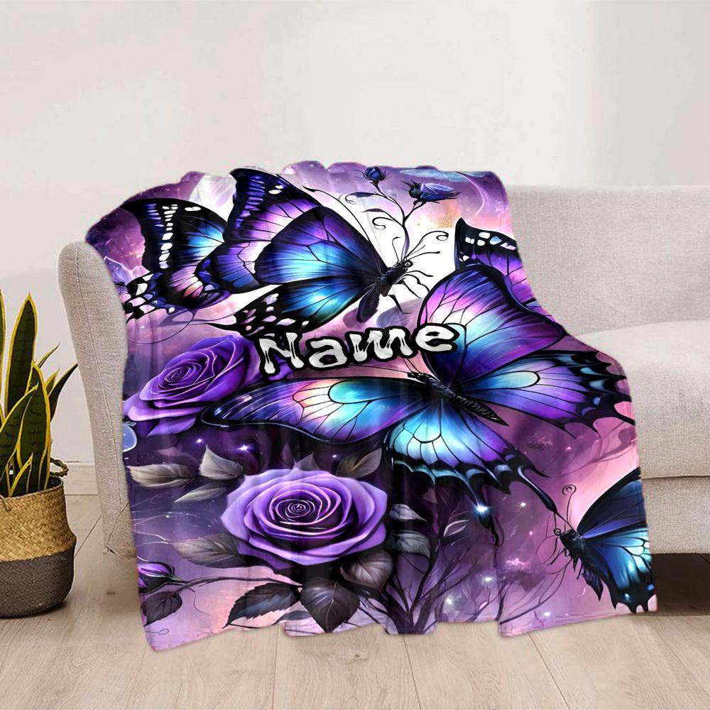 Butterfly Roses Customize Your Name Blankets Soft Lightweight Multiseasonal Use For Picnics Couches Offices Beds Living Rooms Perfect Gift For
