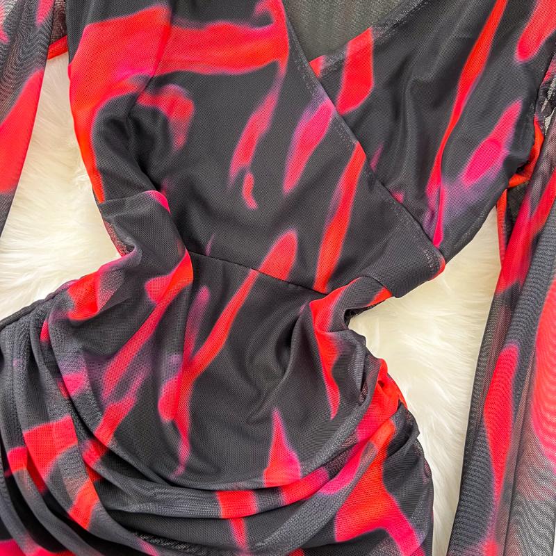 Sexy Tie-dye Printed V-Neck Long Sleeve Dress Women Chic Elegant Patchwork Vintage Midi Dresses Female Korean Fashion Casual One Piece Dress 2024
