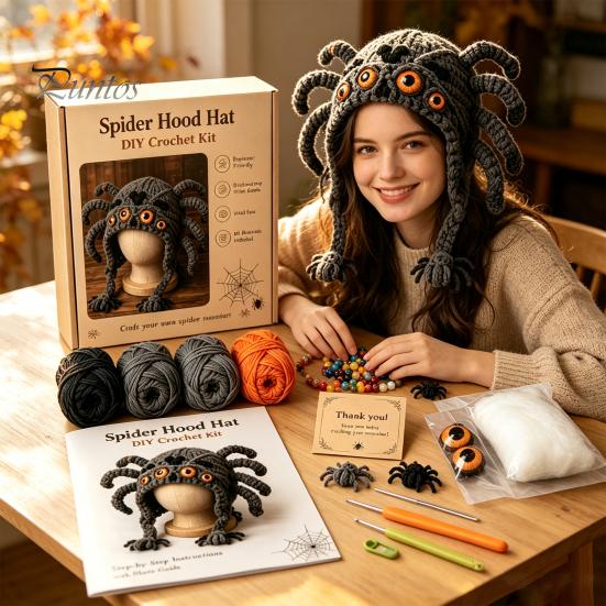 Cute Animal Hat Pattern Highland Cow Crochet Kit, Halloween Pumpkin Spider Hood DIY Kit Handmade Craft for Adults Teens Creative Hobby Gift