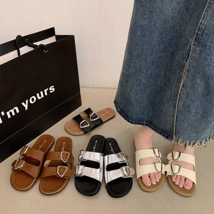 

Flat bottom one-word drag women s model 2025 summer new one-pedal lazy versatile outer wear belt buckle beach cool slippers 35 чёрный